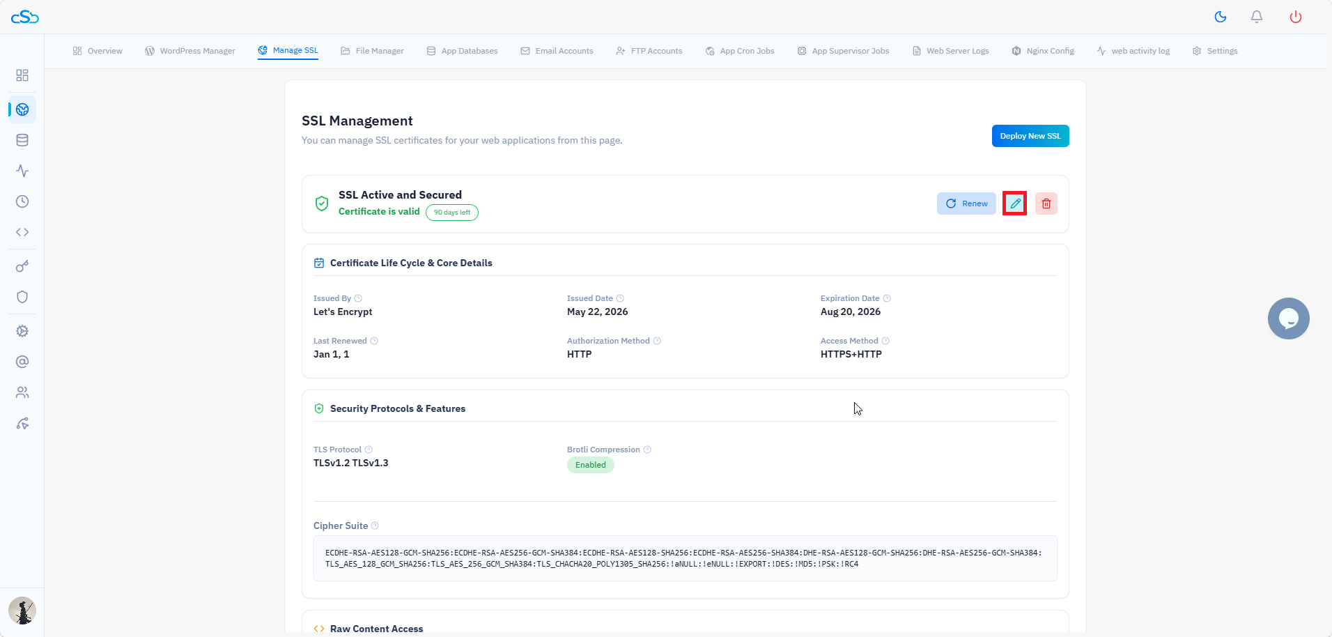 Fig. 01 — SSL Management overview showing the active certificate and the edit (pencil) icon.