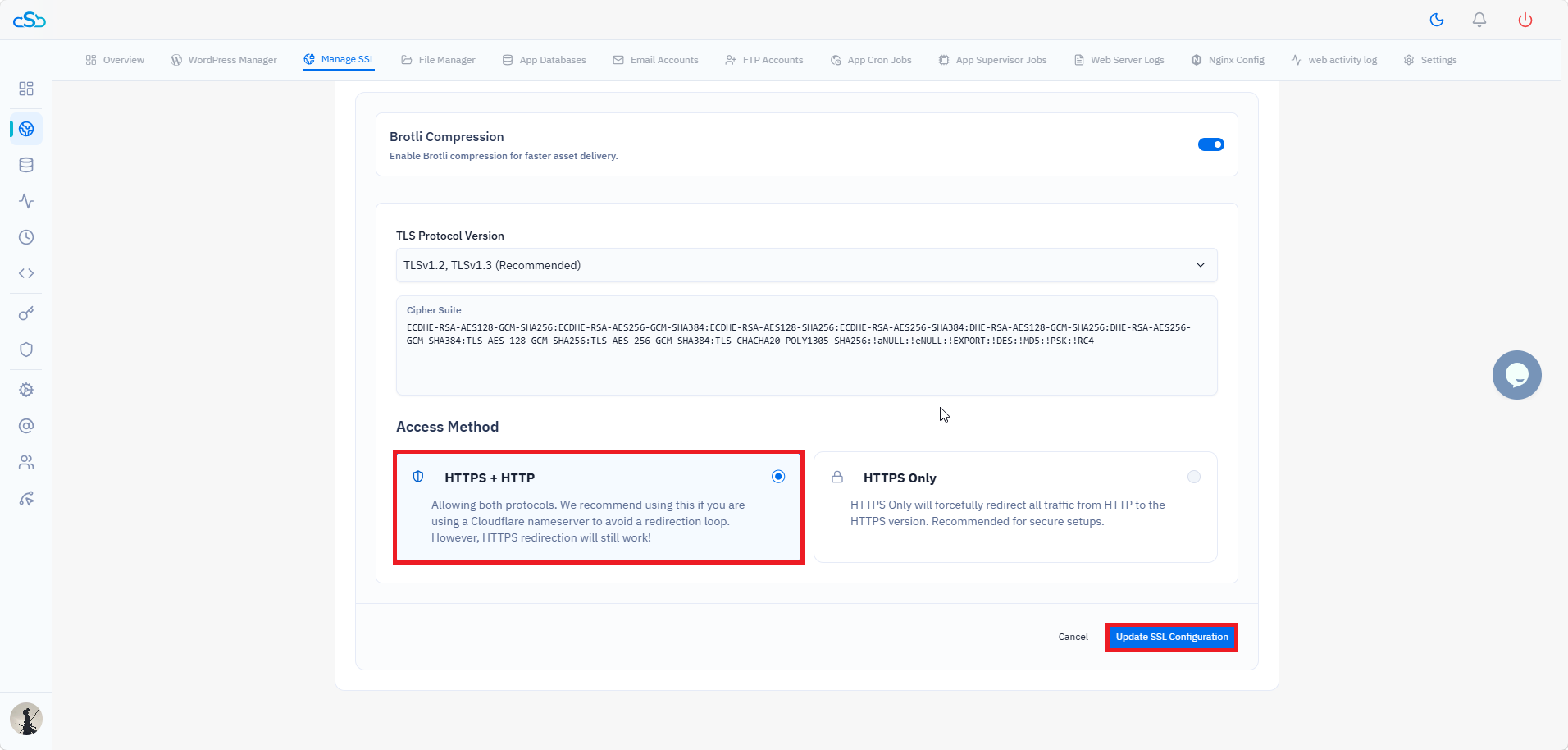 Fig. 02 — CloudStick Manage SSL with HTTPS + HTTP access method selected to prevent redirect conflicts with Cloudflare.