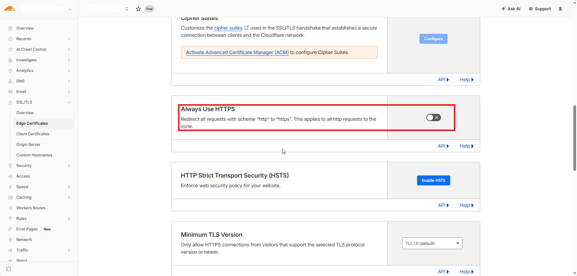 Fig. 04 — Cloudflare Edge Certificates with the Always Use HTTPS toggle highlighted — disable this when CloudStick manages the redirect.