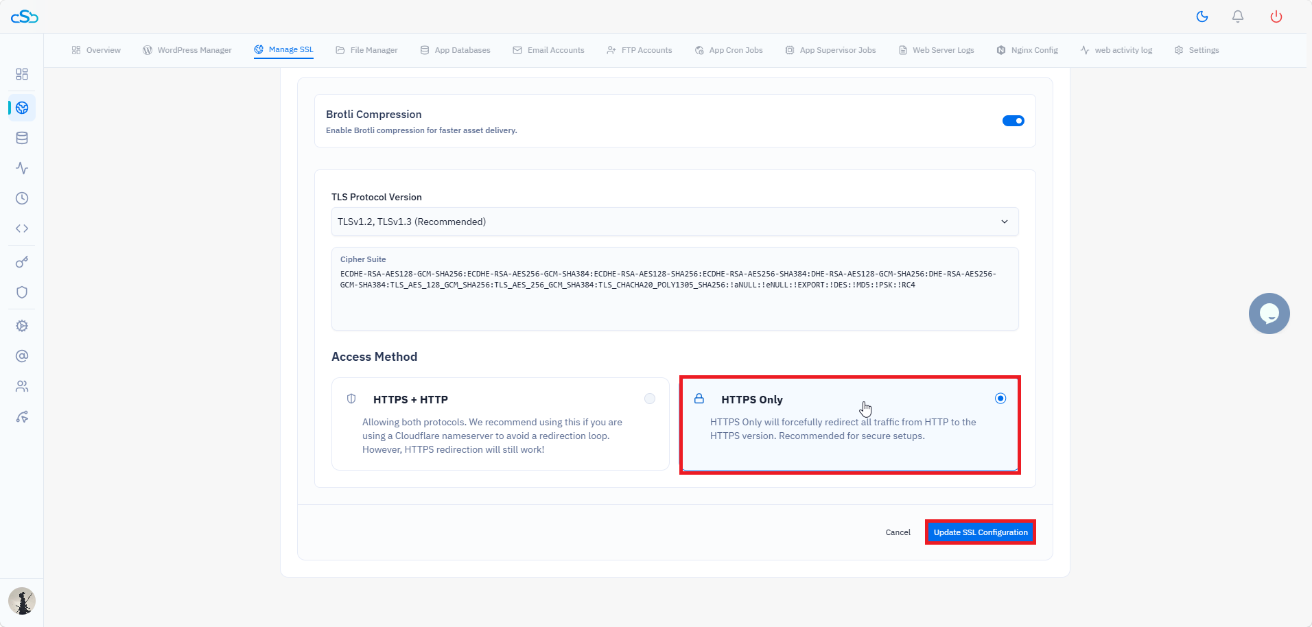Fig. 05 — CloudStick Manage SSL with HTTPS Only selected — the correct access method for non-Cloudflare setups.