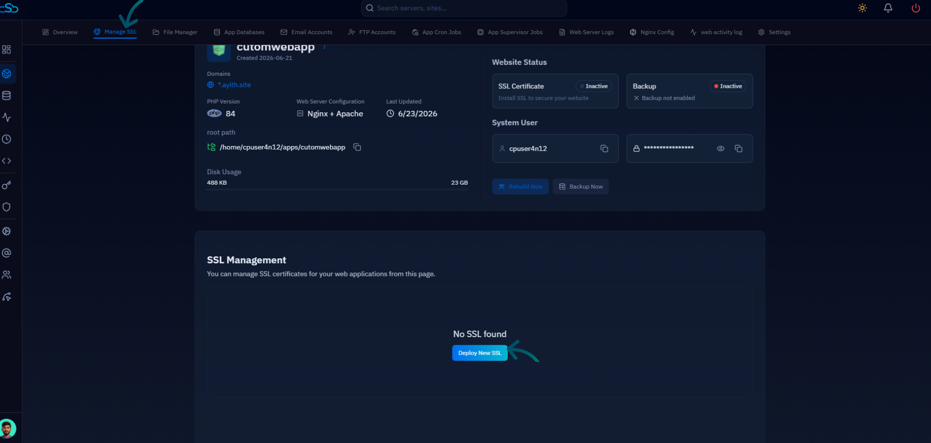 Fig. 10 — Website summary showing the Manage SSL tab and the Deploy New SSL button in the SSL Management section.