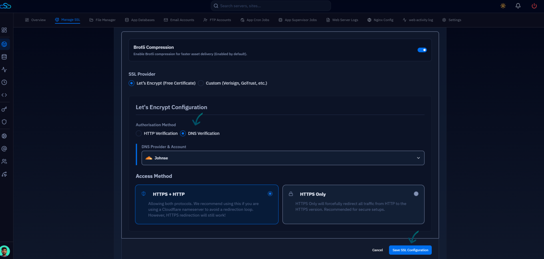 Fig. 11 — SSL configuration form with DNS Verification selected, Cloudflare account chosen as the DNS Provider, and the Save SSL Configuration button visible.
