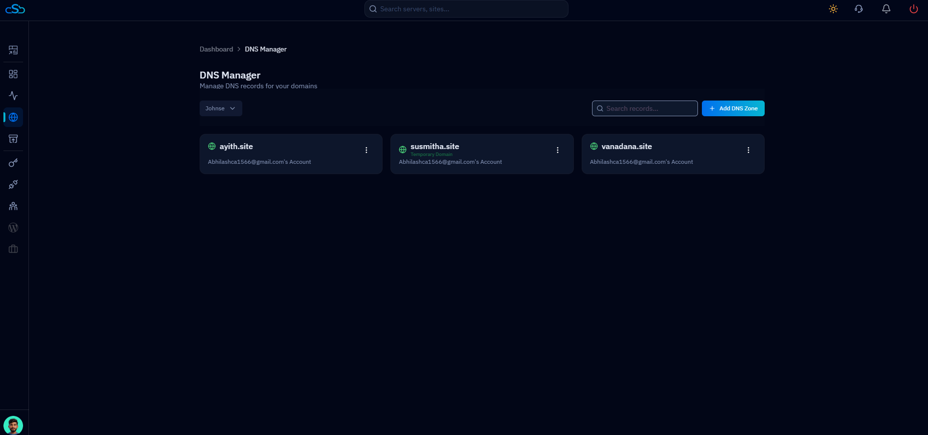 Fig. 02 — DNS Manager listing all Cloudflare-connected domains available for record management.