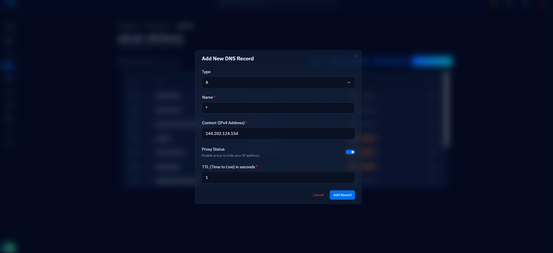 Fig. 04 — Add New DNS Record dialog configured with Type: A, Name: *, the server IP address, and Proxy Status enabled.