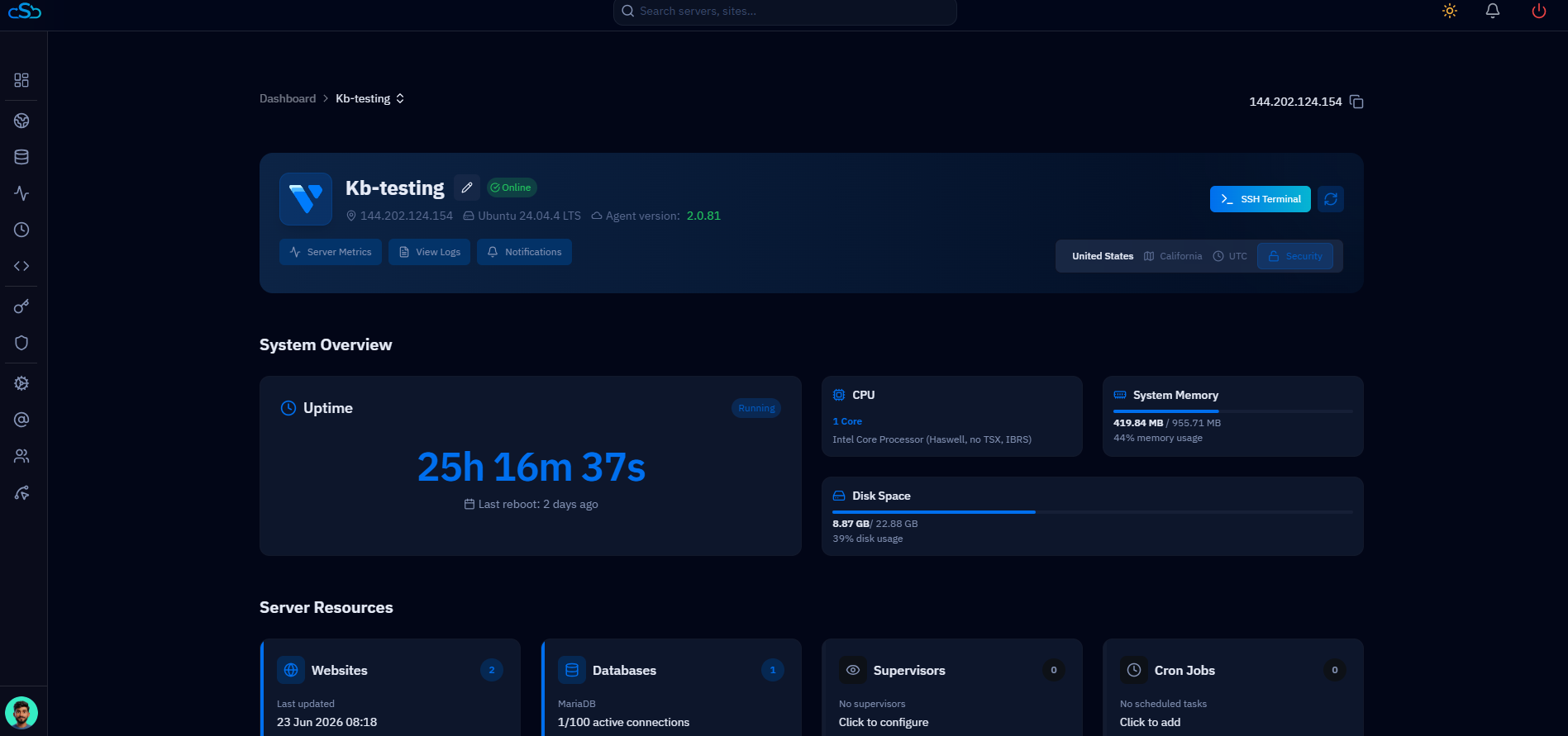 Fig. 05 — Server management panel showing system overview, uptime, and Server Resources including the Websites section.