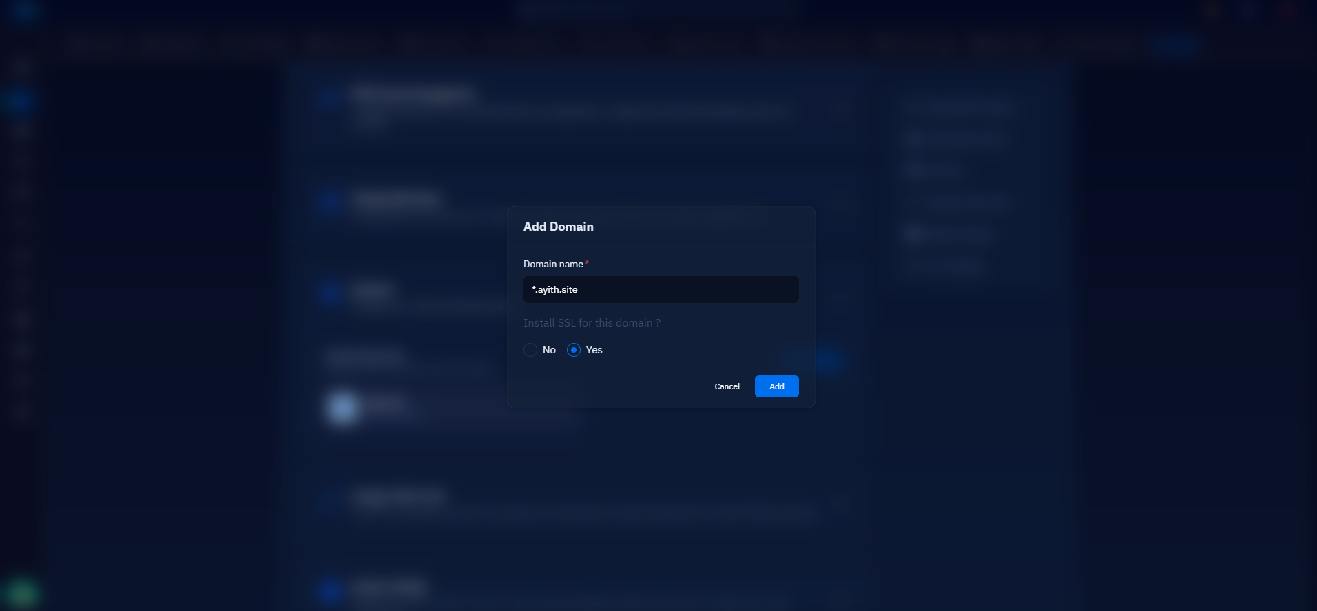 Fig. 09 — Add Domain dialog with *.ayith.site entered as the wildcard domain and SSL installation set to Yes.