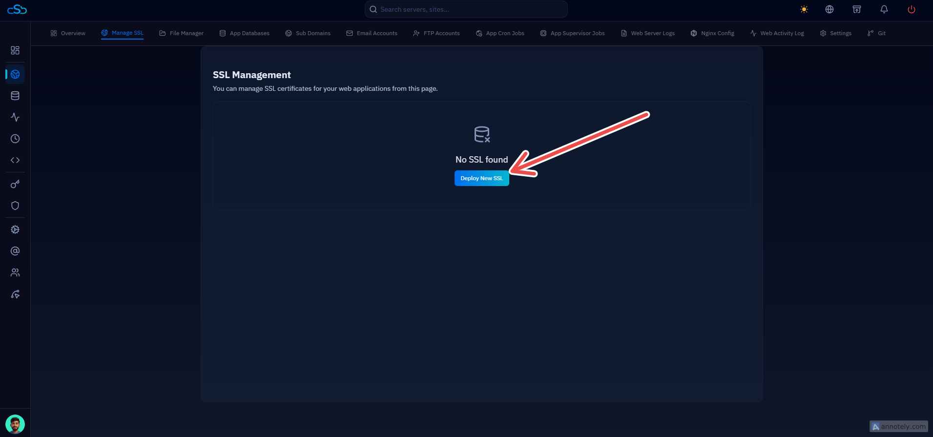 Fig. 01 — The SSL Management page showing No SSL found and the Deploy New SSL button.
