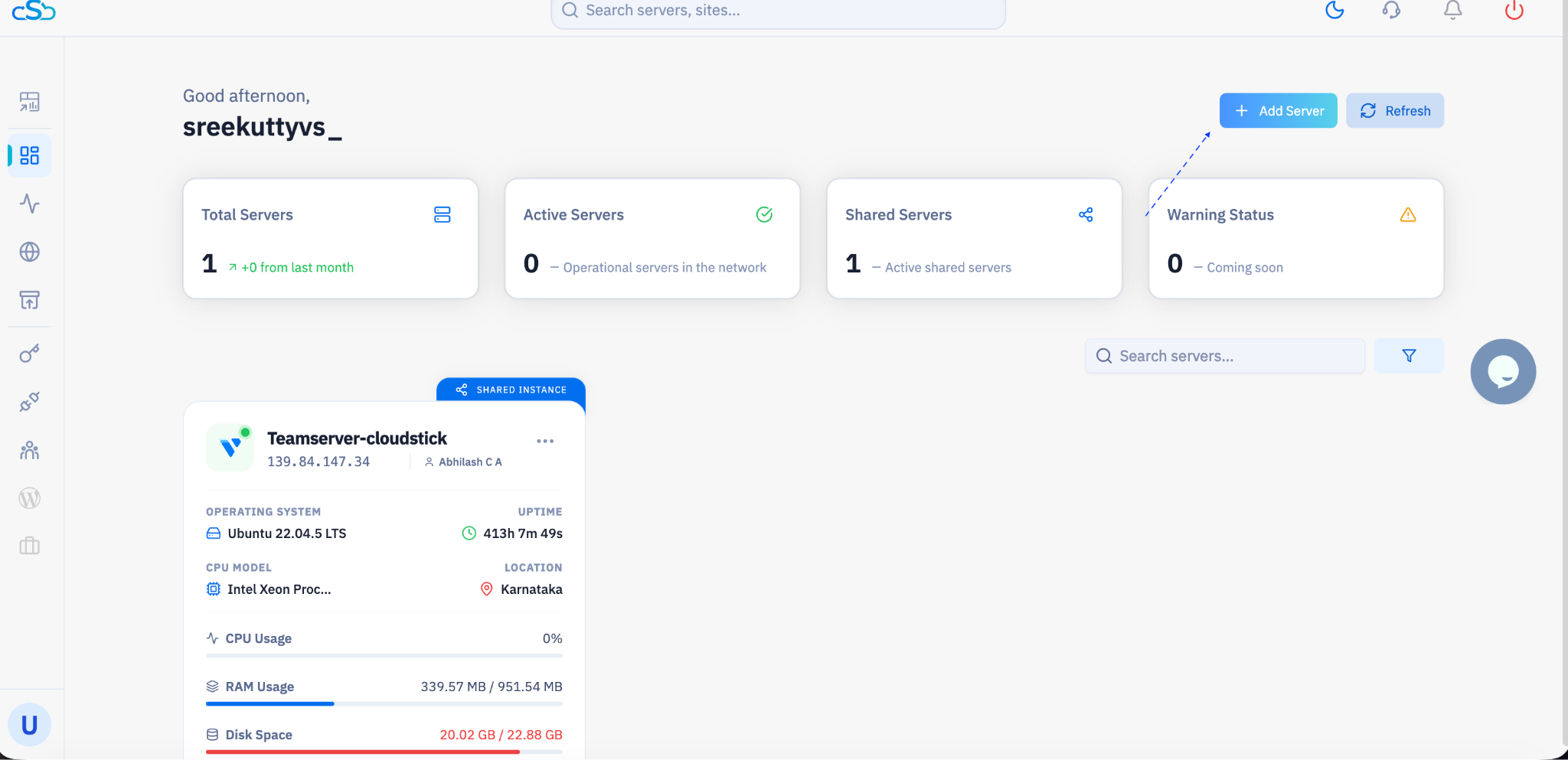 Fig. 01 — CloudStick dashboard with the '+ Add Server' button in the top-right corner.