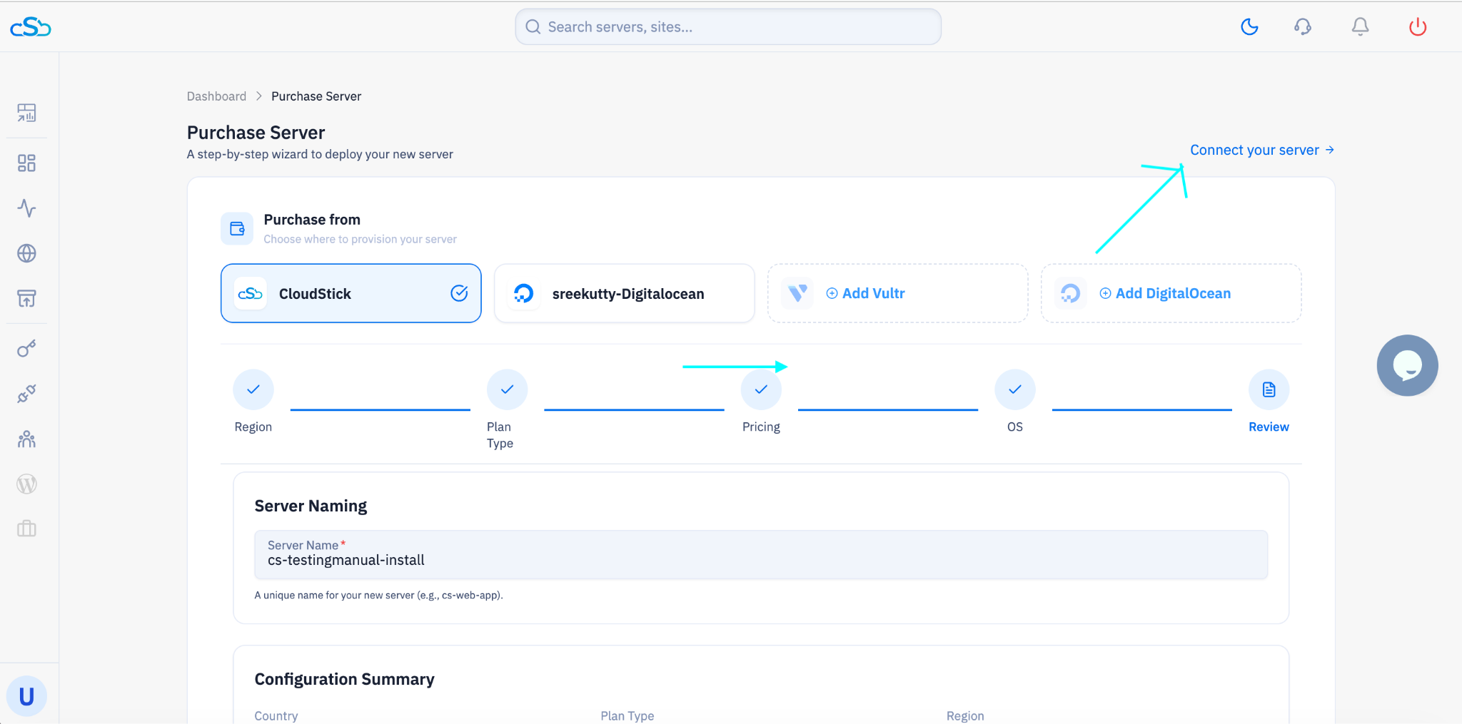 Fig. 02 — Purchase Server page with the 'Connect your server →' link highlighted.