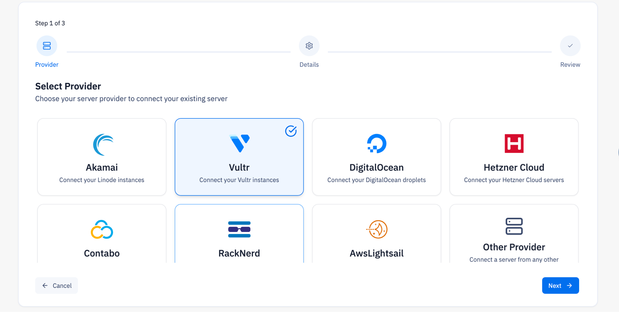 Fig. 03 — Provider selection grid (Step 1 of 3) showing available server providers.