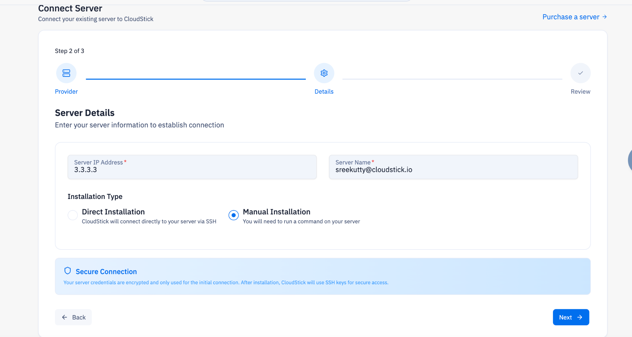 Fig. 04 — Server Details form (Step 2 of 3) with Manual Installation selected.
