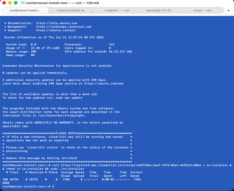 Fig. 06 — Terminal session showing the curl command executing and the installer downloading successfully.