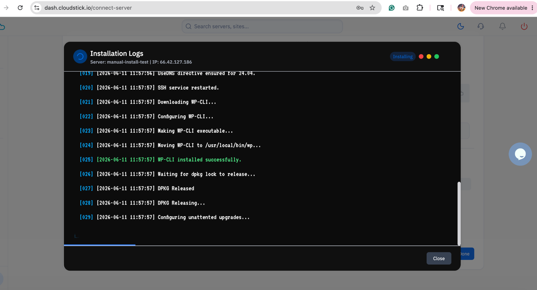 Fig. 07 — Installation Logs panel showing real-time output as the CloudStick agent is installed.