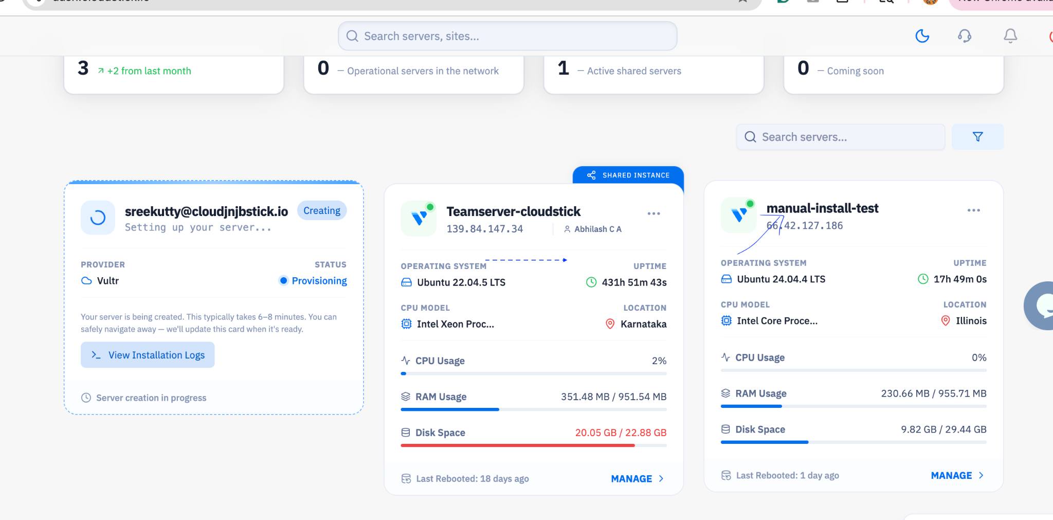 Fig. 08 — CloudStick dashboard showing the newly connected server with active status and server details.