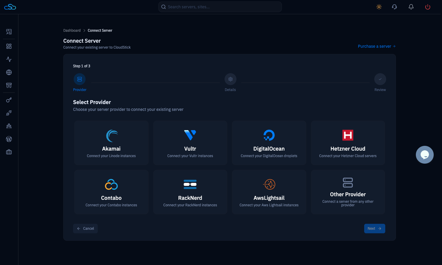 Fig. 02 — Provider selection grid (Step 1 of 3) showing all supported cloud providers.