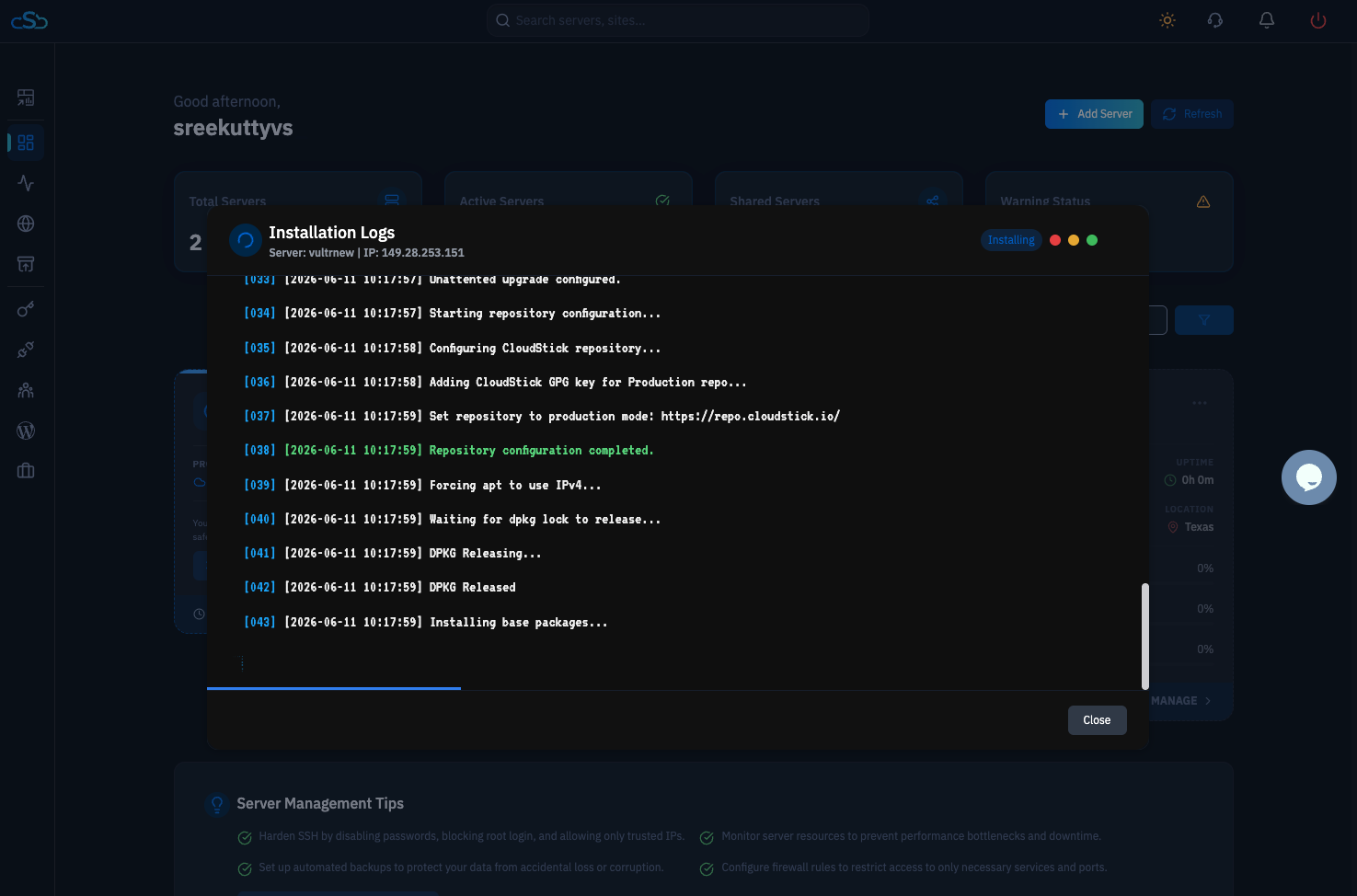 Fig. 06 — Installation Logs modal expanded showing live terminal output during the agent installation process.