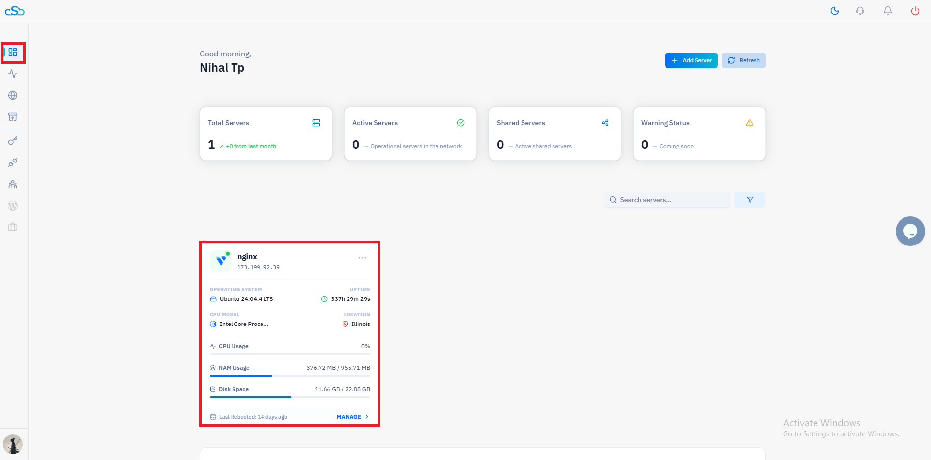 Fig. 01 — CloudStick main dashboard with the server card highlighted and the MANAGE button visible.