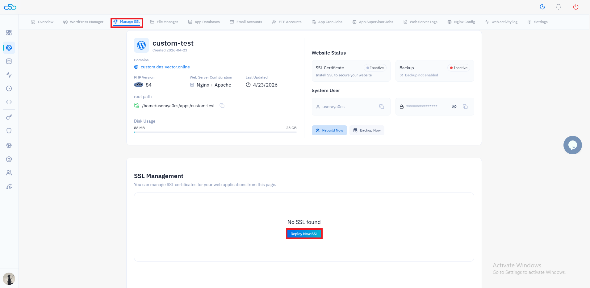 Fig. 03 — Website overview with the Manage SSL tab highlighted and the Deploy New SSL button visible.