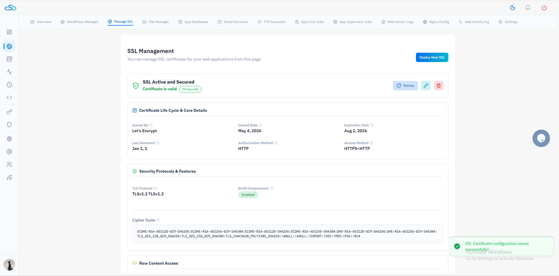Fig. 05 — SSL Management page showing SSL Active and Secured with certificate details and the success toast notification.