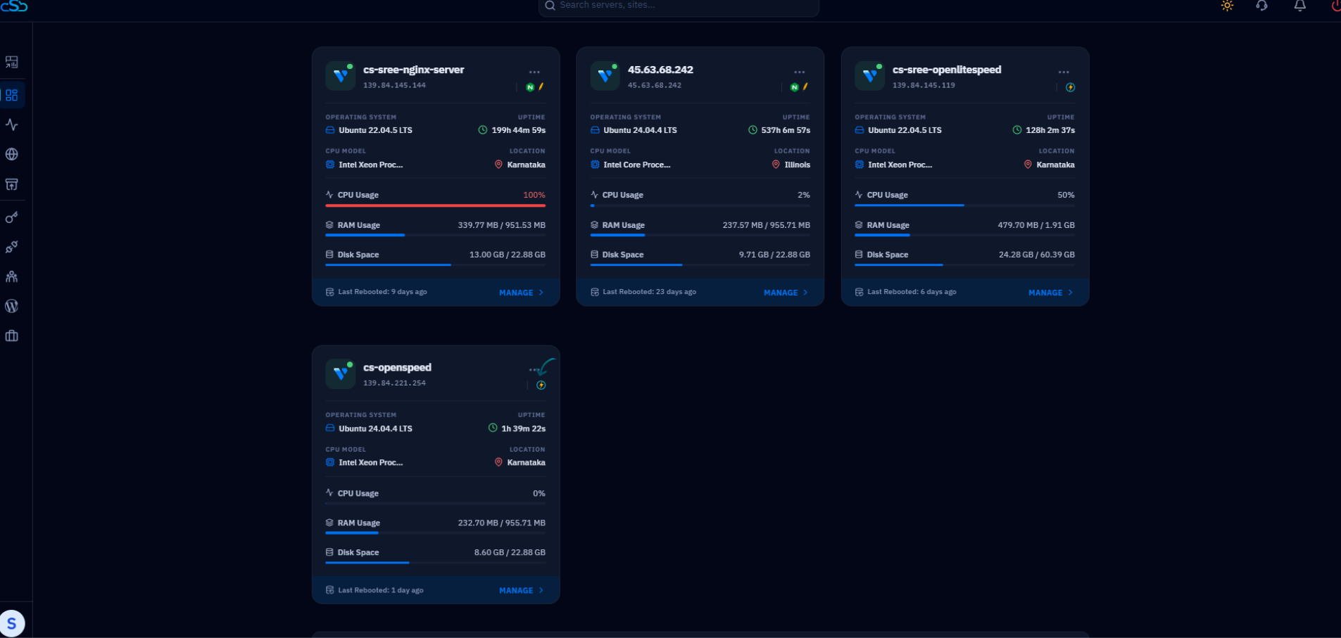 Fig. 01 — CloudStick dashboard showing connected servers. Click MANAGE on the target server to open its panel.