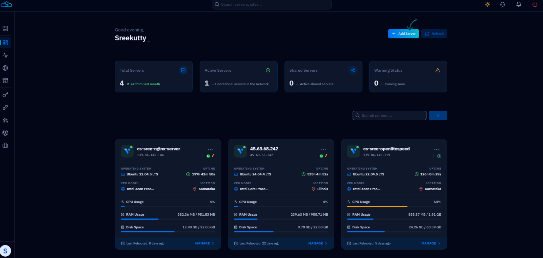 Fig. 01 — CloudStick dashboard with the + Add Server button highlighted in the top-right corner.