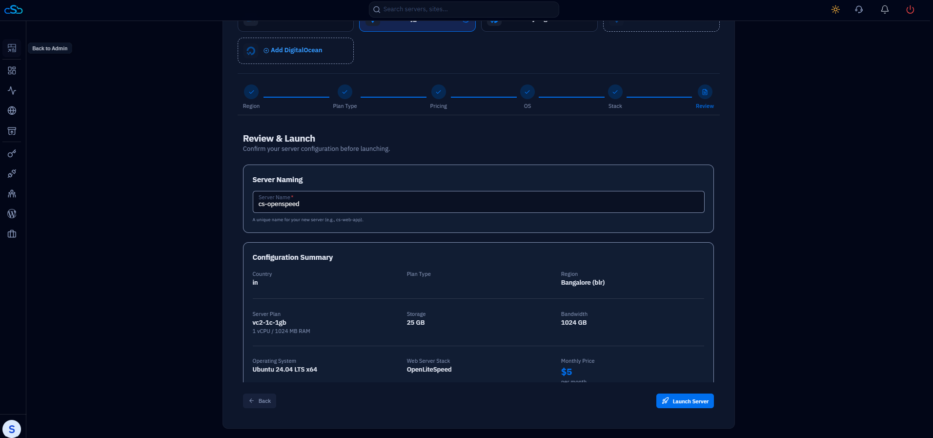 Fig. 07 — Review & Launch page showing the server name input field and full configuration summary before launch.