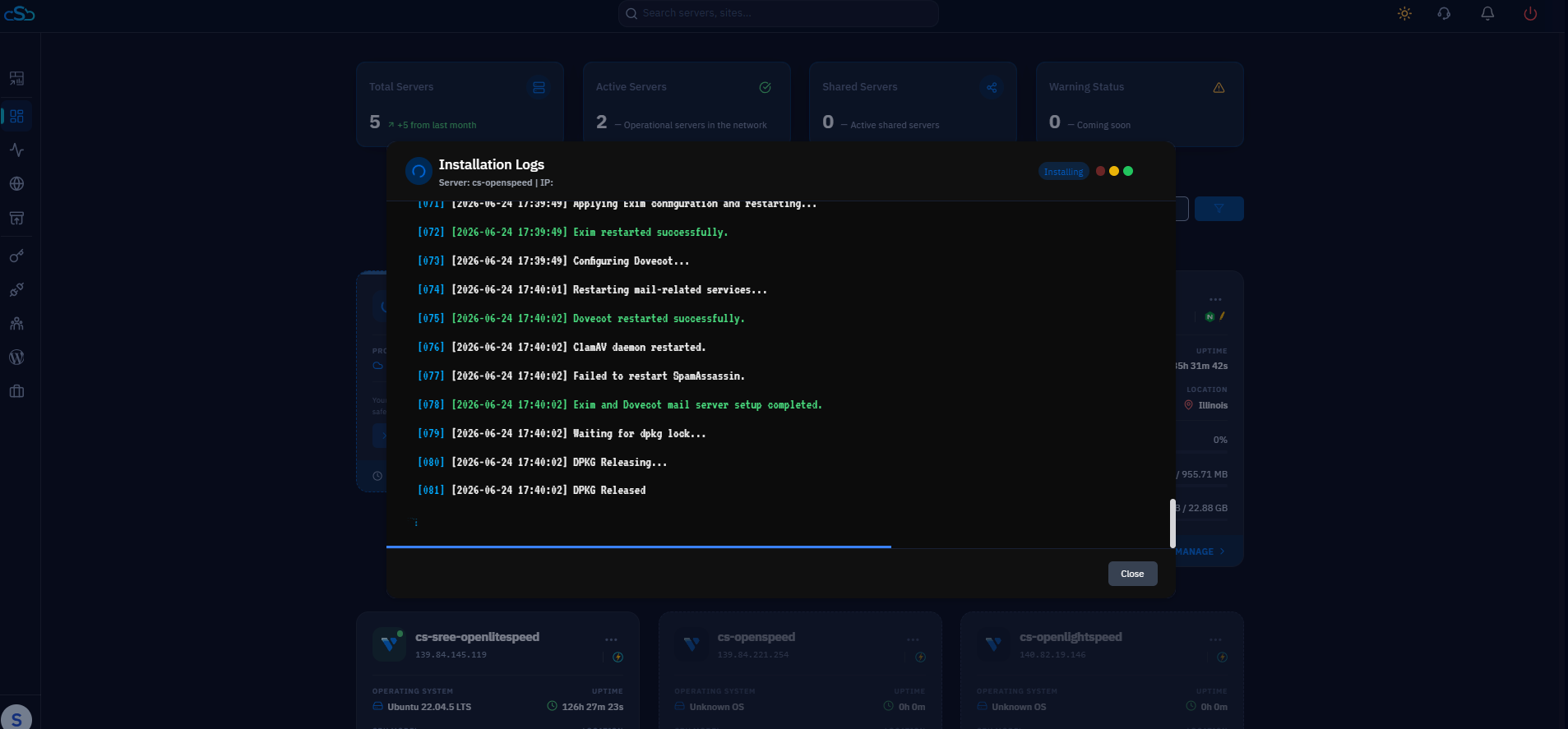Fig. 09 — Real-time installation log viewer showing OpenLiteSpeed stack packages being configured step by step.