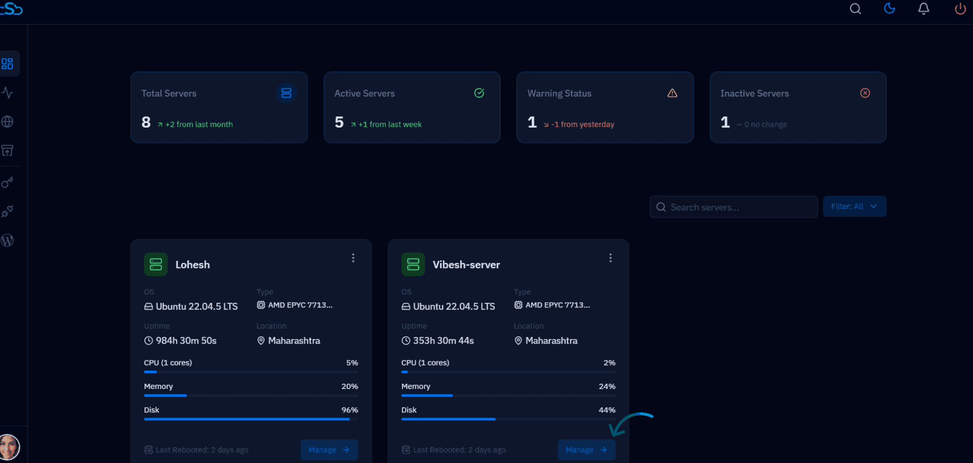 Fig. 01 — CloudStick dashboard showing the server list. Click a server to open its management panel.