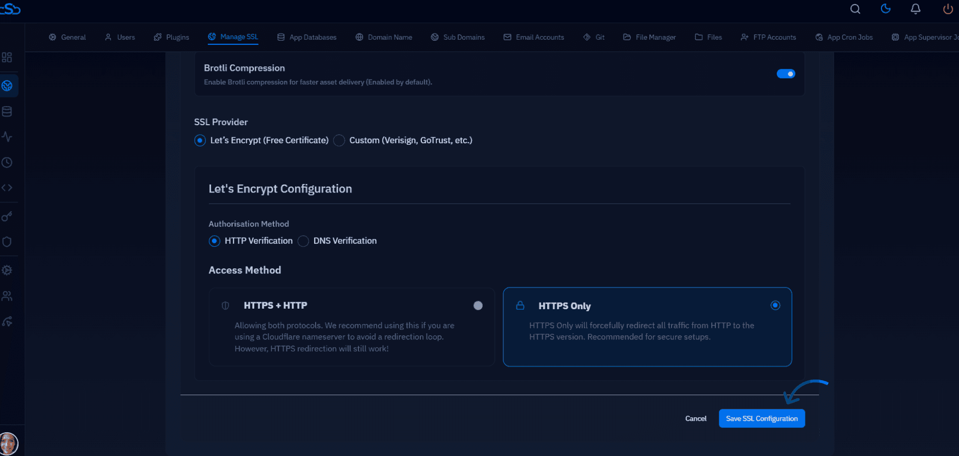 Fig. 10 — SSL configuration screen with HTTPS Only selected and the Save SSL Configuration button.