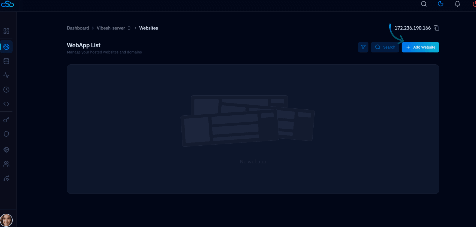 Fig. 03 — WebApp List page showing the + Add Website button. No websites are installed yet on this server.