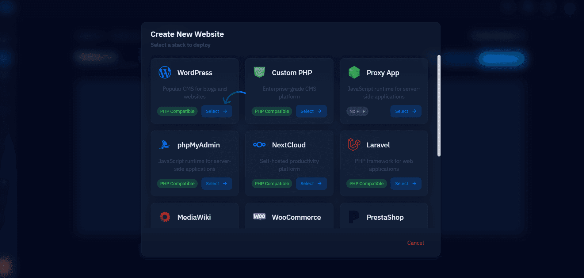 Fig. 04 — Create New Website modal with WordPress highlighted as the selected stack.