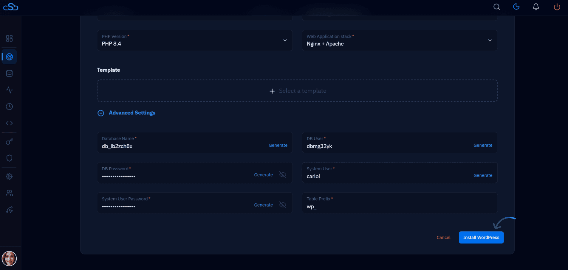 Fig. 06 — Advanced Settings expanded showing database and system user fields, with the Install WordPress button.