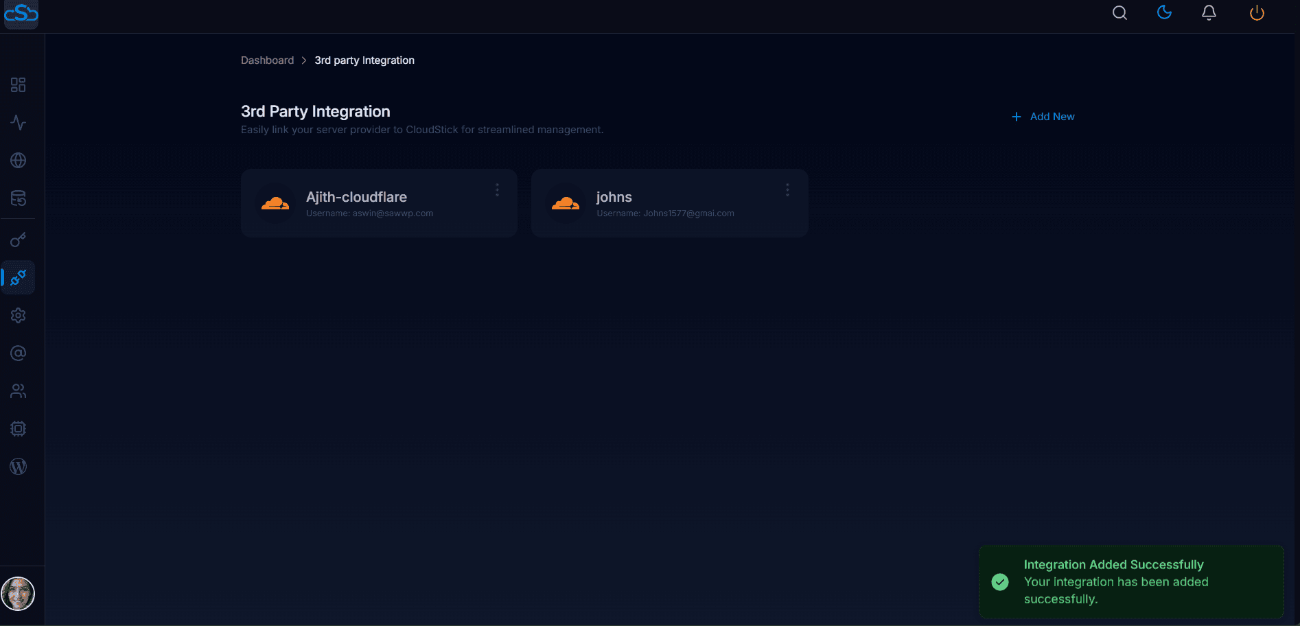 Fig. 11 — 3rd Party Integration page showing the newly added Cloudflare integration with the success toast.