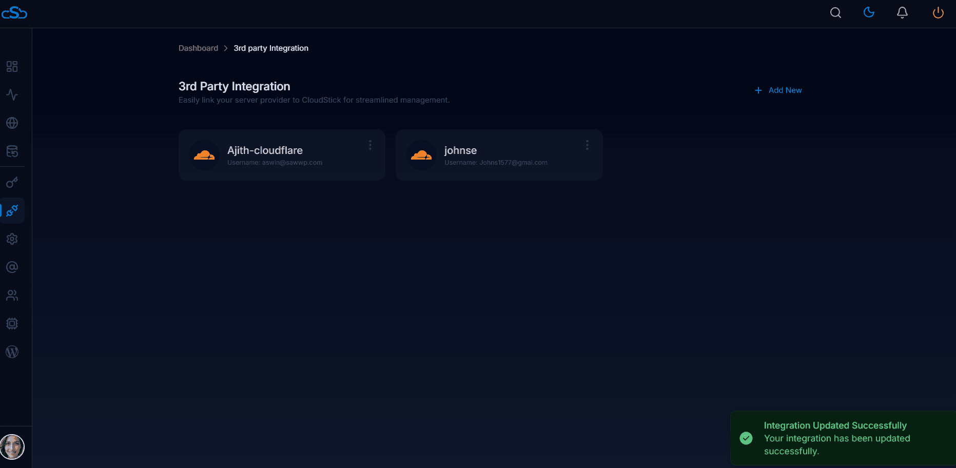 Fig. 14 — 3rd Party Integration page with the Integration Updated Successfully toast notification.