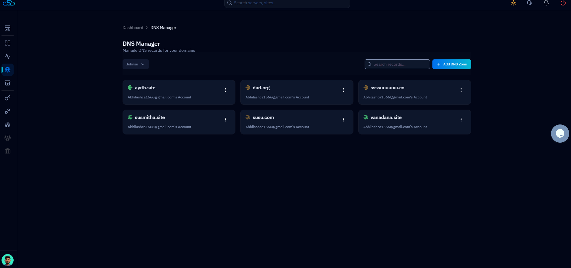 Fig. 15 — DNS Manager showing all domains automatically fetched from the connected Cloudflare account.