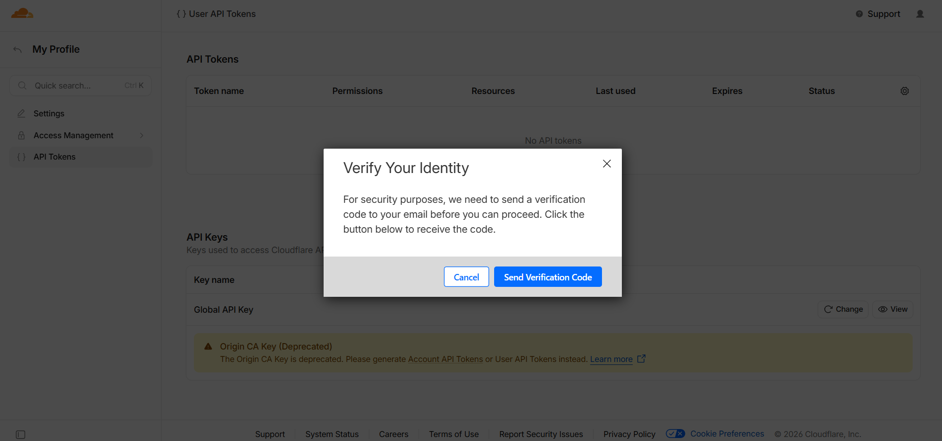 Fig. 03 — Verify Your Identity modal prompting you to send a verification code.