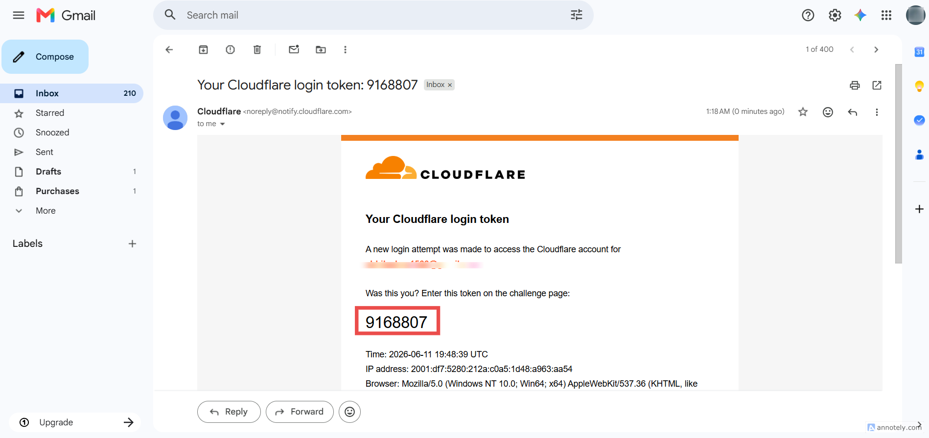 Fig. 04 — Verification email from Cloudflare containing the 7-digit login token.