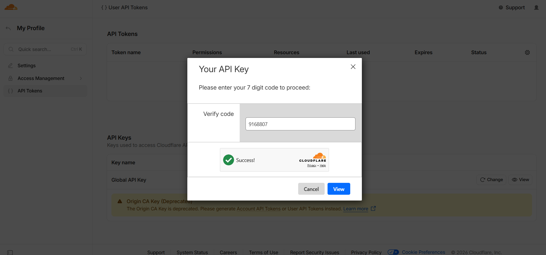 Fig. 05 — Verification code entered with a Success confirmation in the modal.