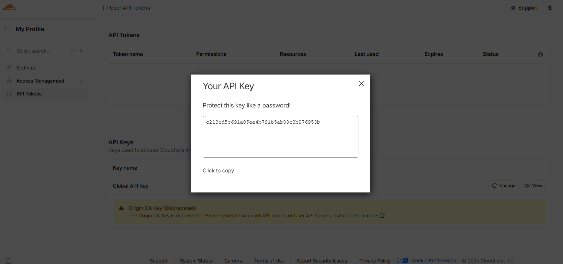 Fig. 06 — Global API Key revealed with the Click to copy option.