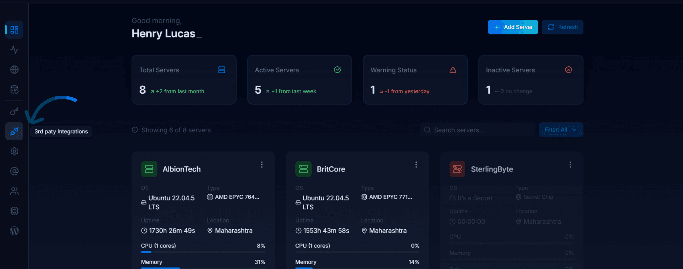 Fig. 07 — CloudStick dashboard with the 3rd Party Integrations navigation item highlighted.