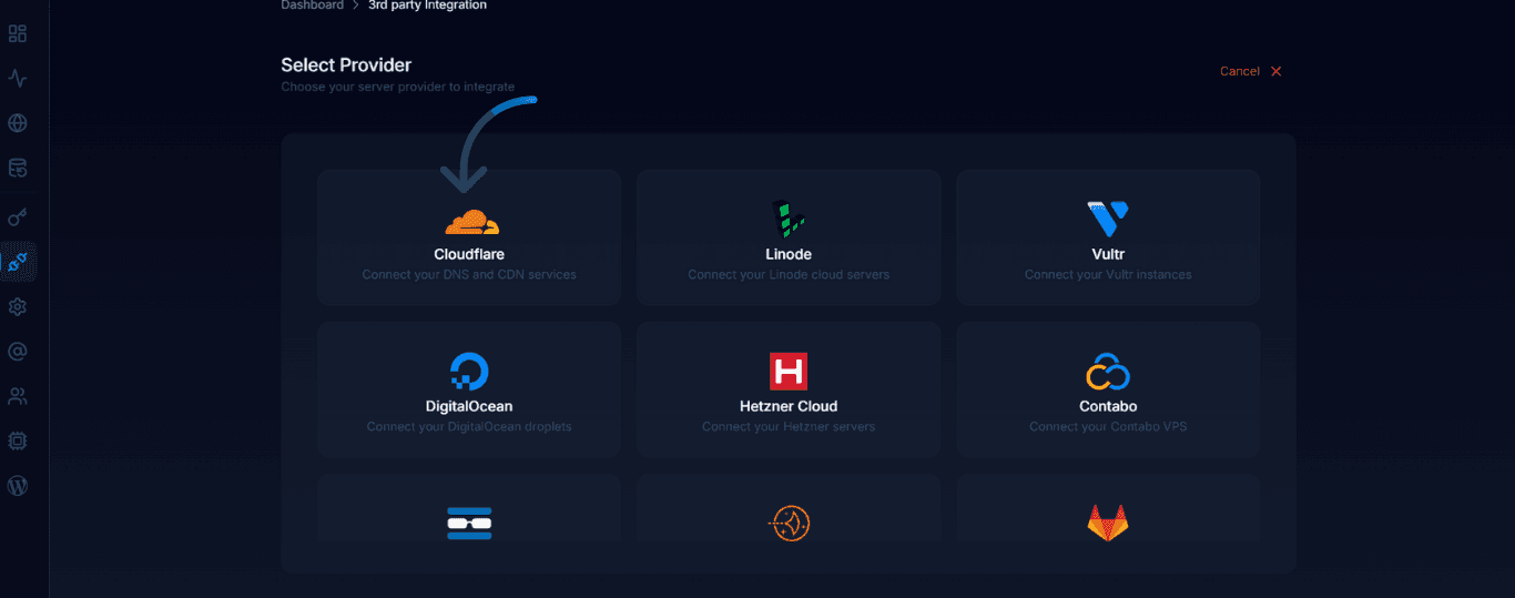 Fig. 09 — Provider selection screen with the Cloudflare card highlighted.