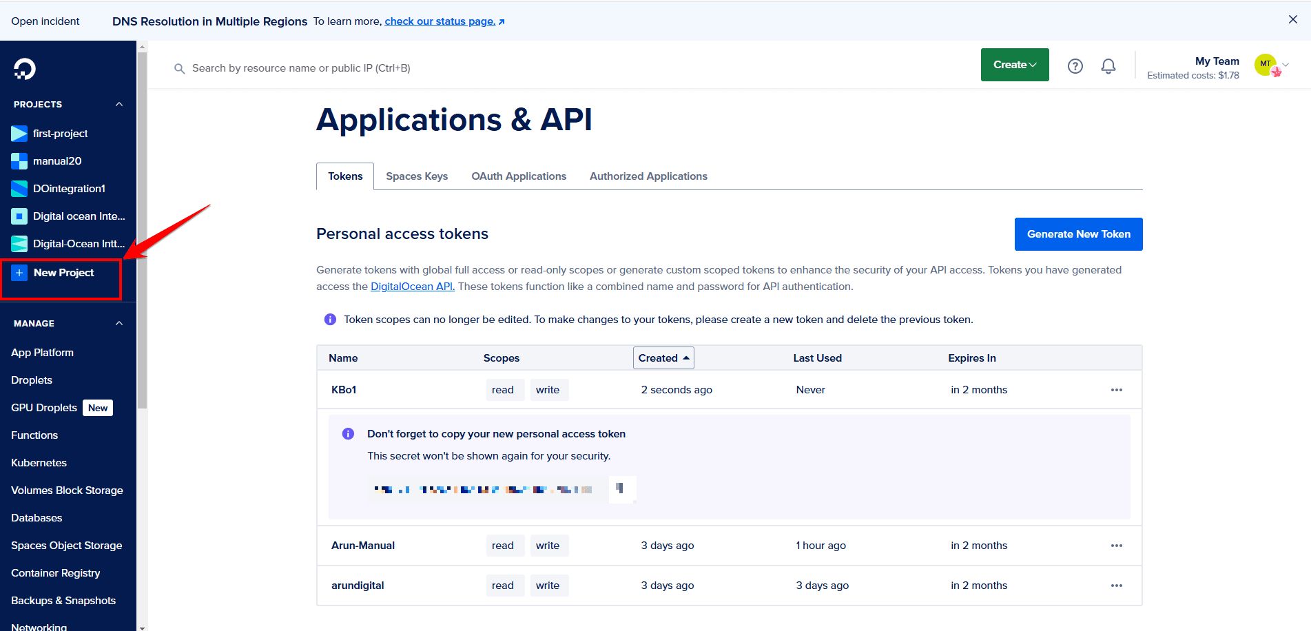 Fig. 01 — DigitalOcean dashboard showing the New Project option in the Project menu.