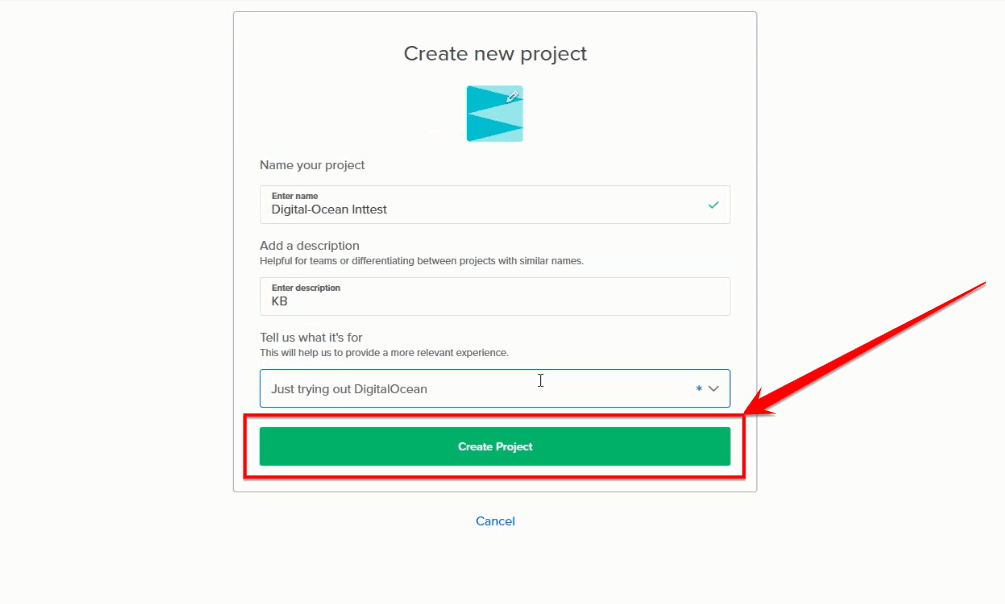 Fig. 02 — New project form with name, description, and purpose fields before clicking Create Project.
