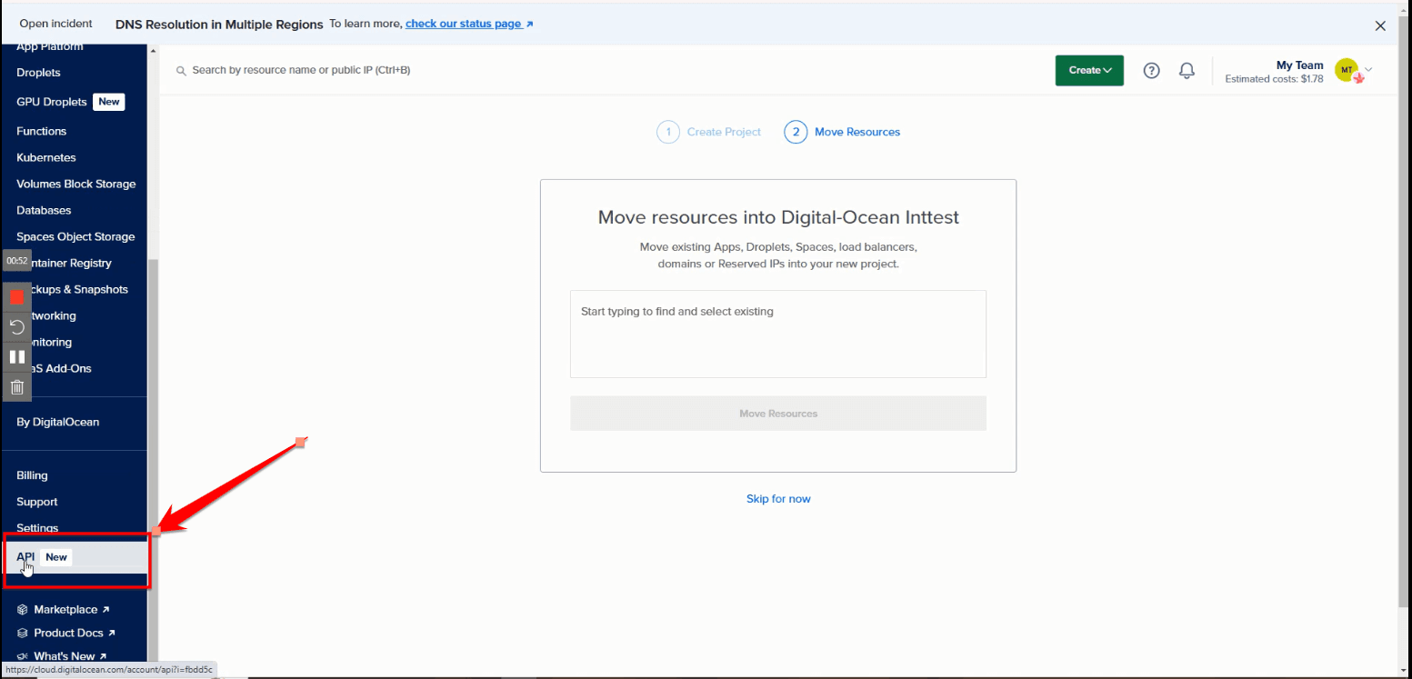 Fig. 03 — DigitalOcean left-hand menu with the API option highlighted under By DigitalOcean.