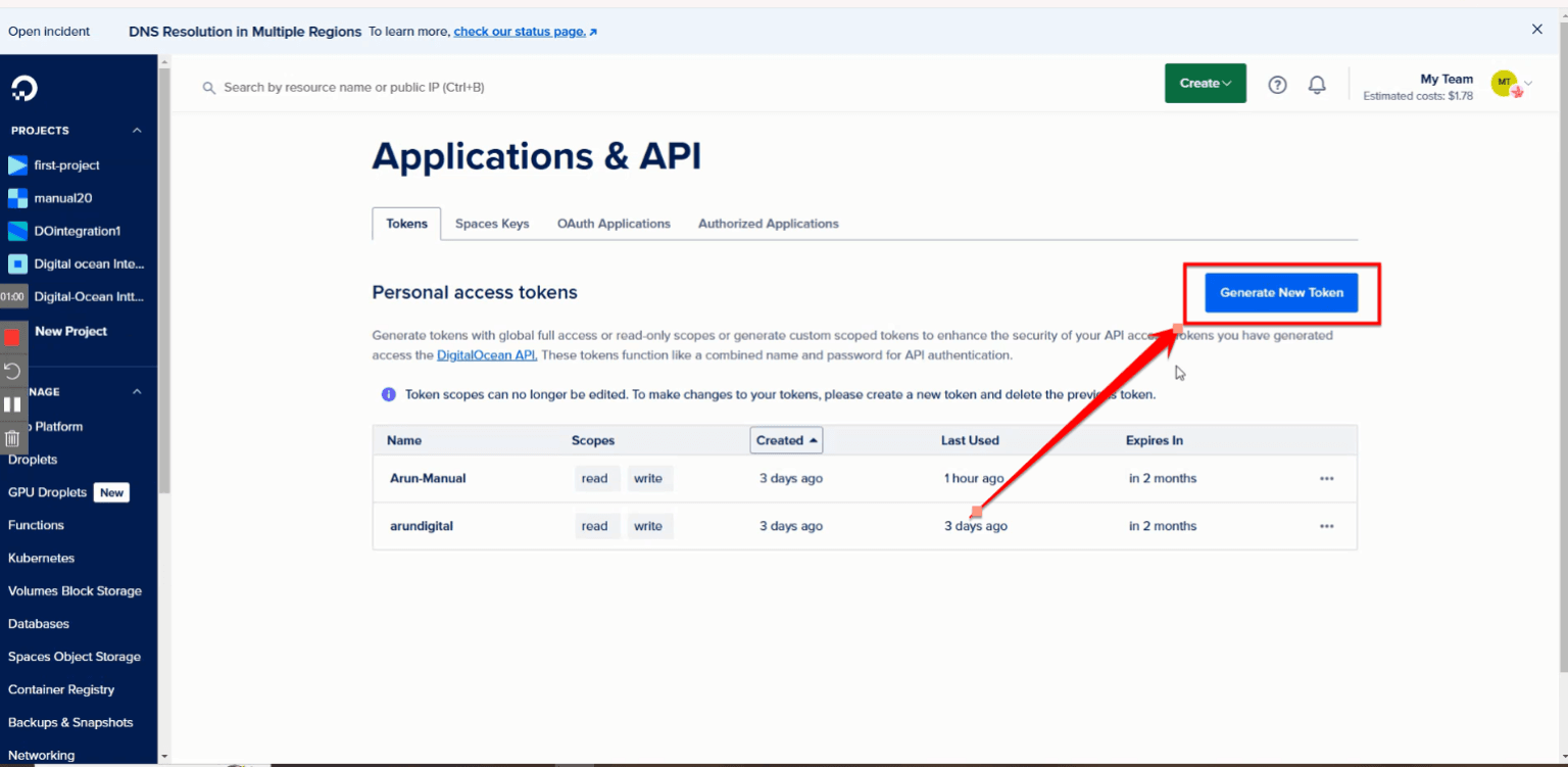 Fig. 04 — API tokens page showing the Generate New Token button.