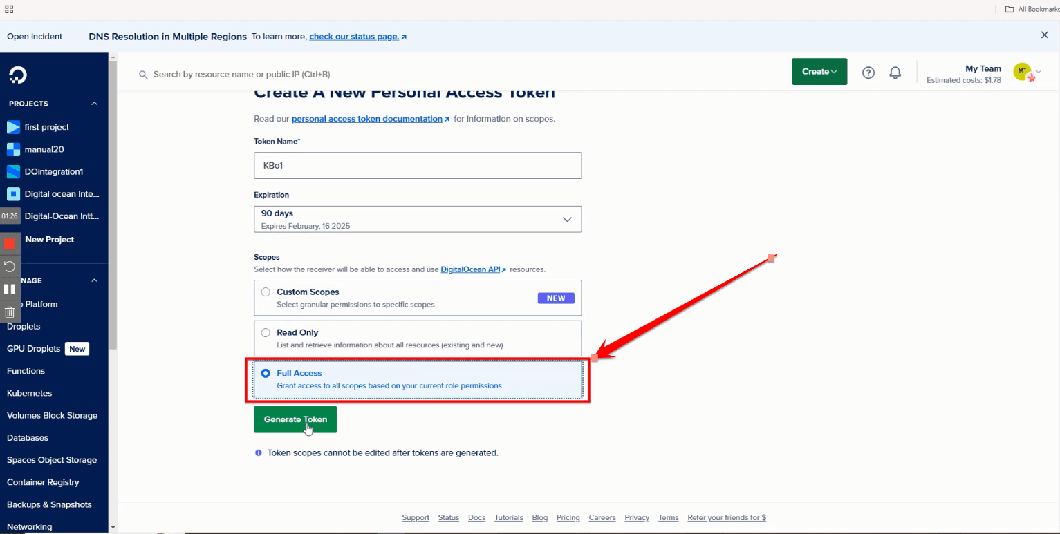 Fig. 05 — Token creation form with the Full Access option selected.
