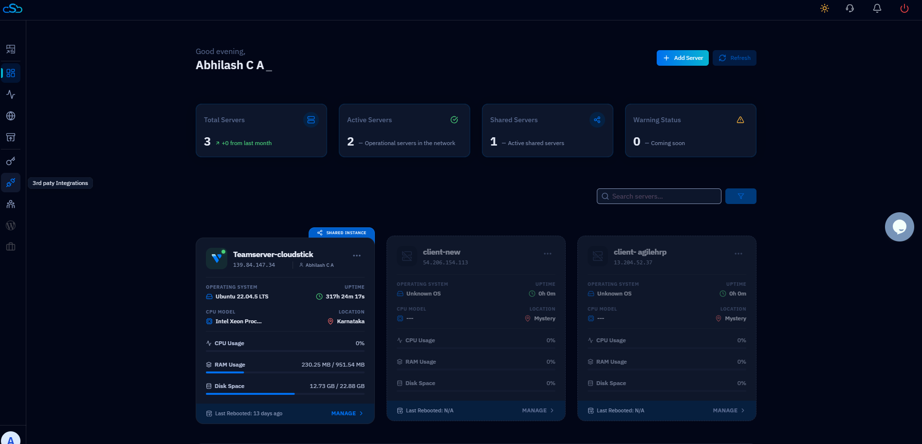 Fig. 07 — CloudStick dashboard showing the 3rd Party Integration section.