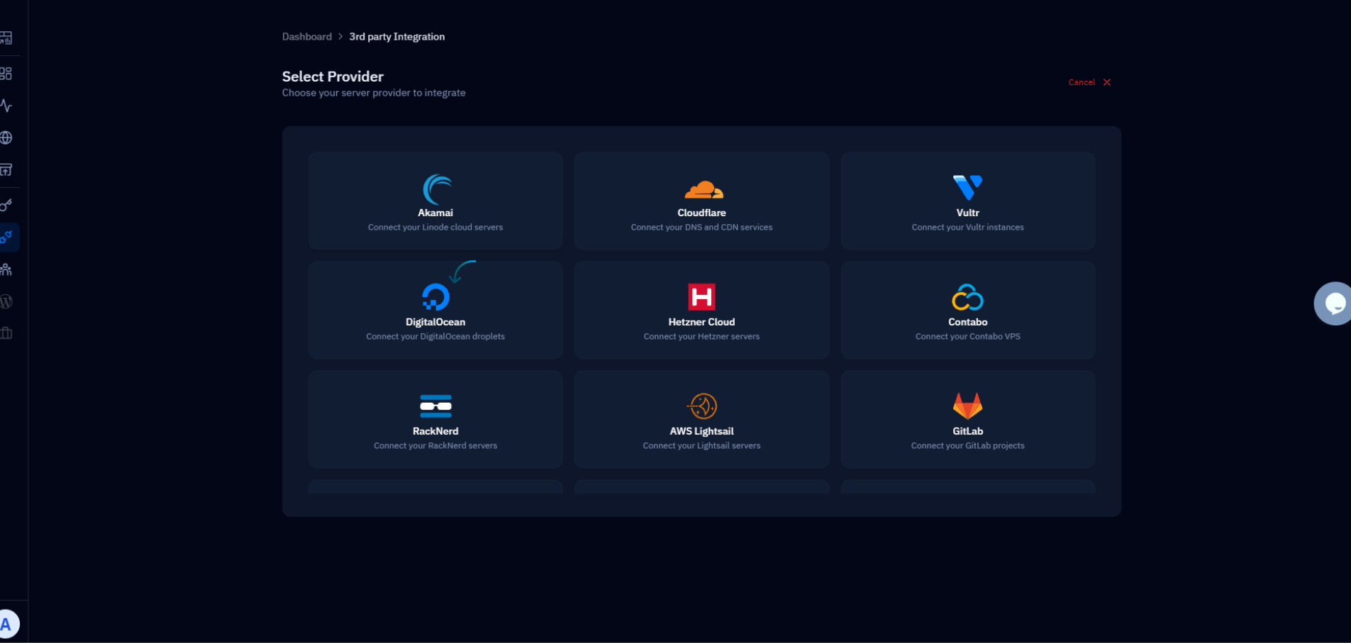 Fig. 08 — 3rd Party Integrations page listing all available provider integrations.