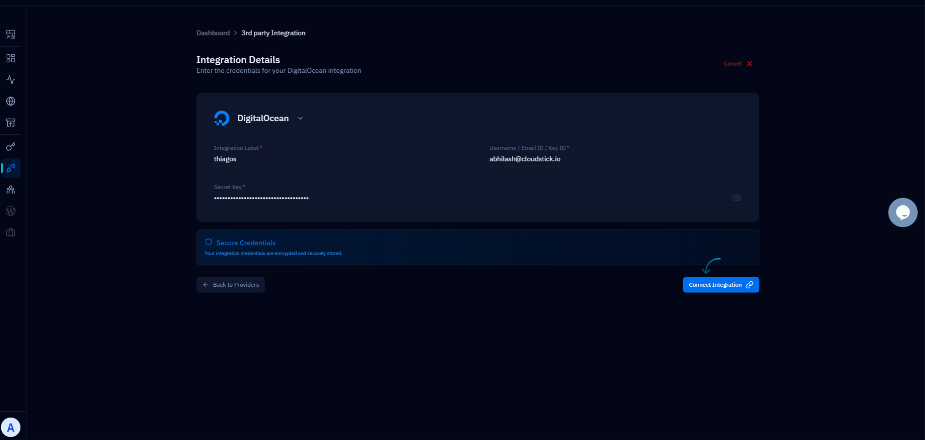 Fig. 09 — Integration form with the Secret field filled and the Add API button to confirm.