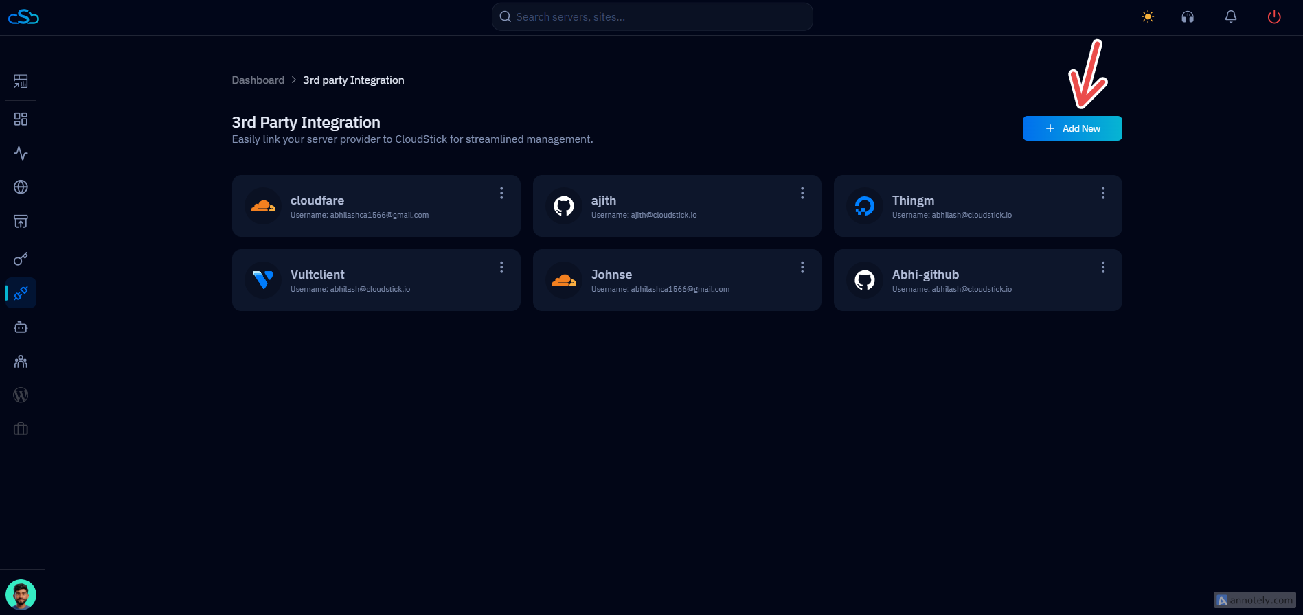 Fig. 10 — The 3rd Party Integration page listing connected providers, with the + Add New button in the top-right corner.
